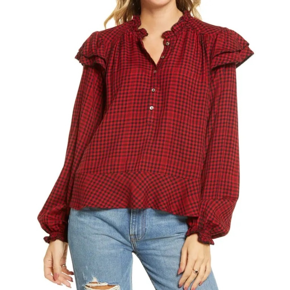 NWT Faherty Blouse Womens Size‎ Medium Red Black Gingham Sandia Ruffle Top NEW M